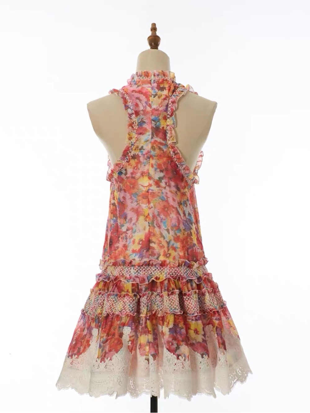 Designer Sleeveless Pink Floral Ruffle Mini Dress - Picture 3 of 12